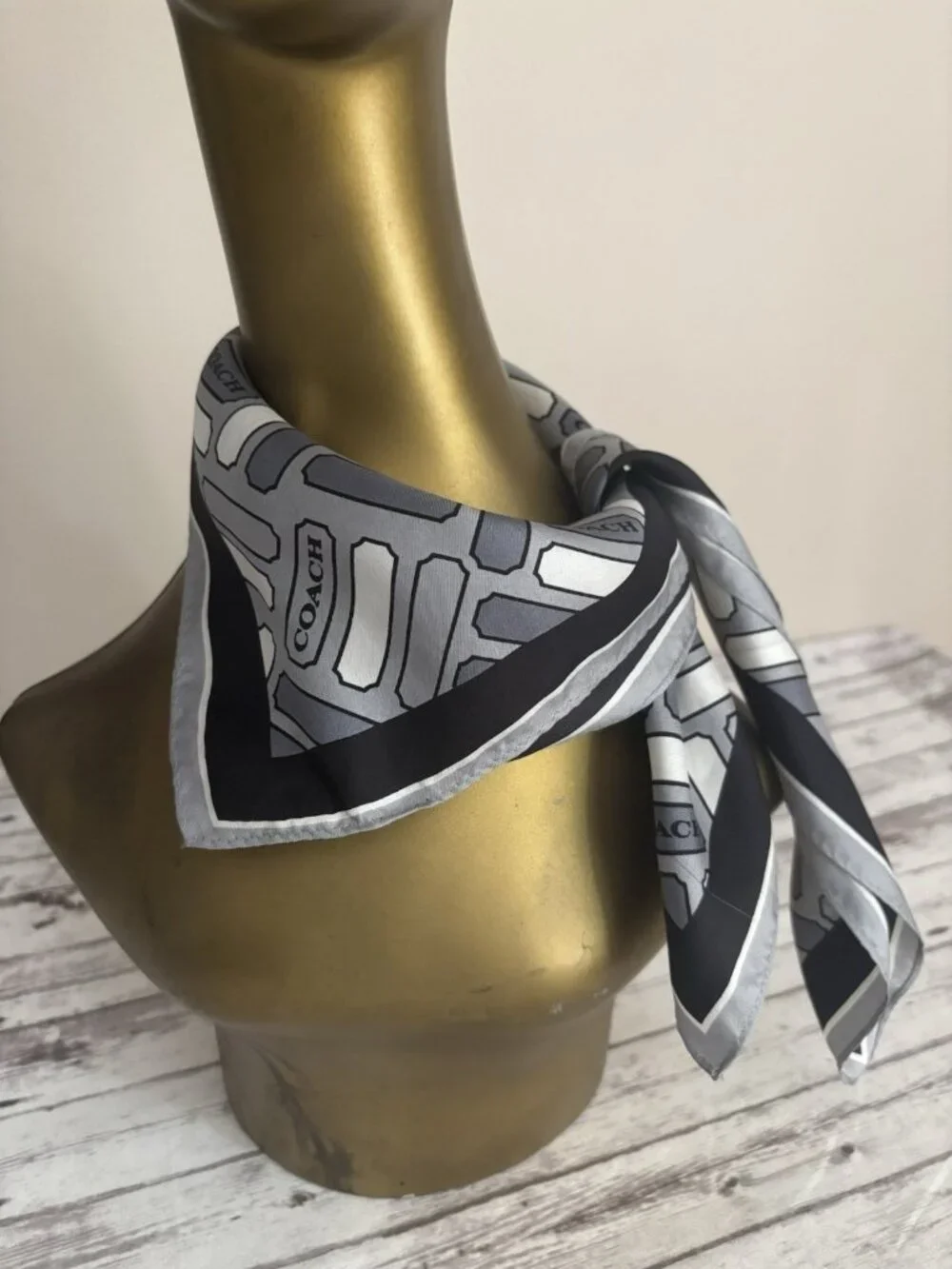 Vintage Coach Silk Scarf Square 21” Grey Black White Geometric Design Neck